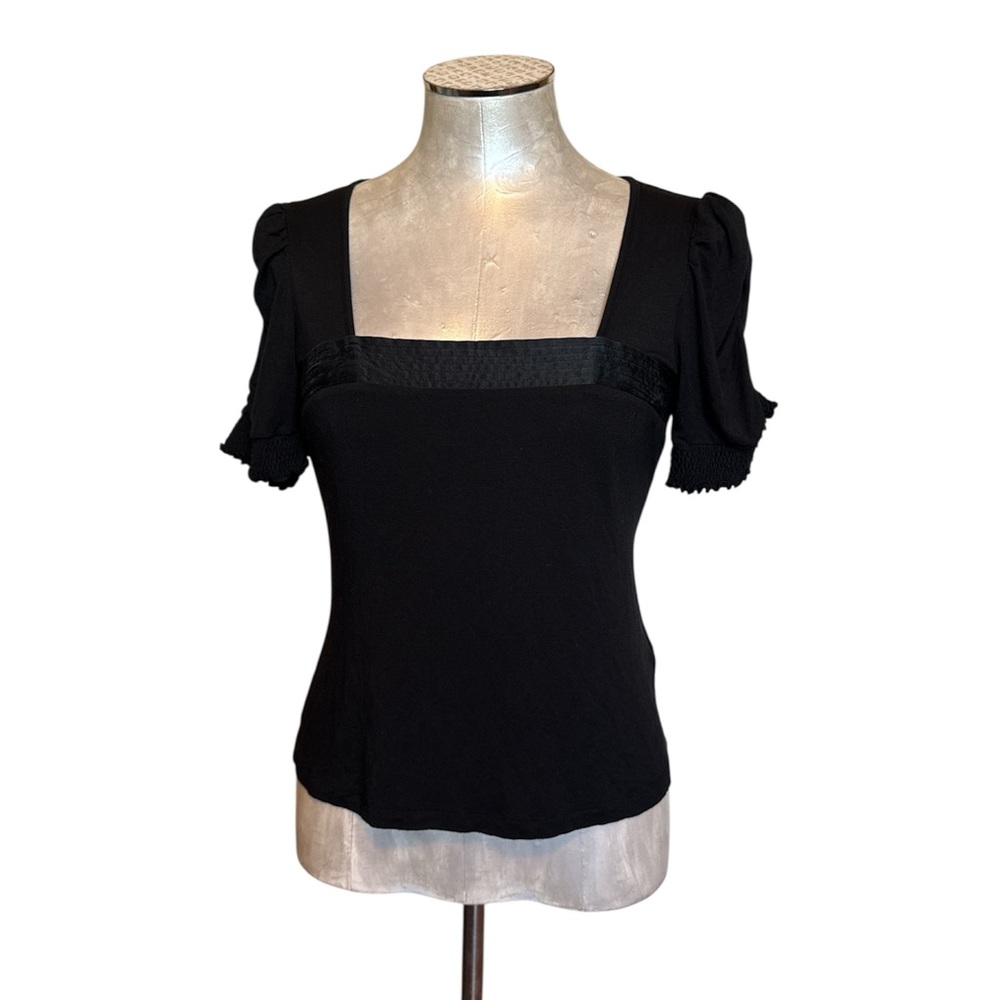 ECI Petite Women’s Black Ruched Short Sleeves Fitted Square Neck Blouse size PS